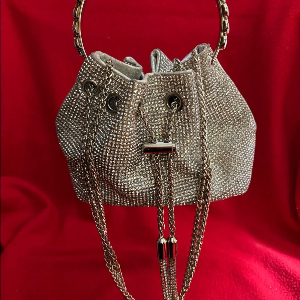 Silver Rhinestones Drawstring Mini Bucket Bag - Picture 3 of 8